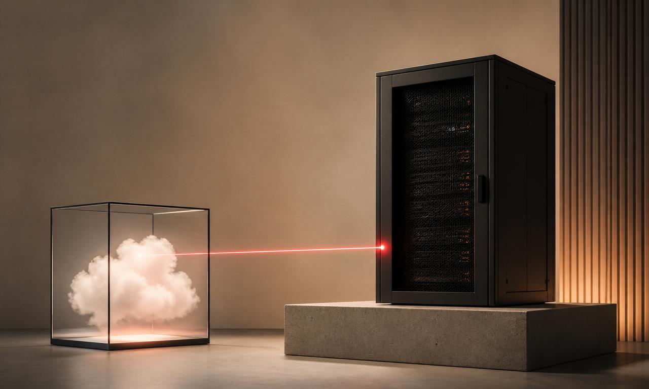 Cub de sticlă cu nor luminos versus rack de server pe piedestal — decizia cloud vs on-premise
