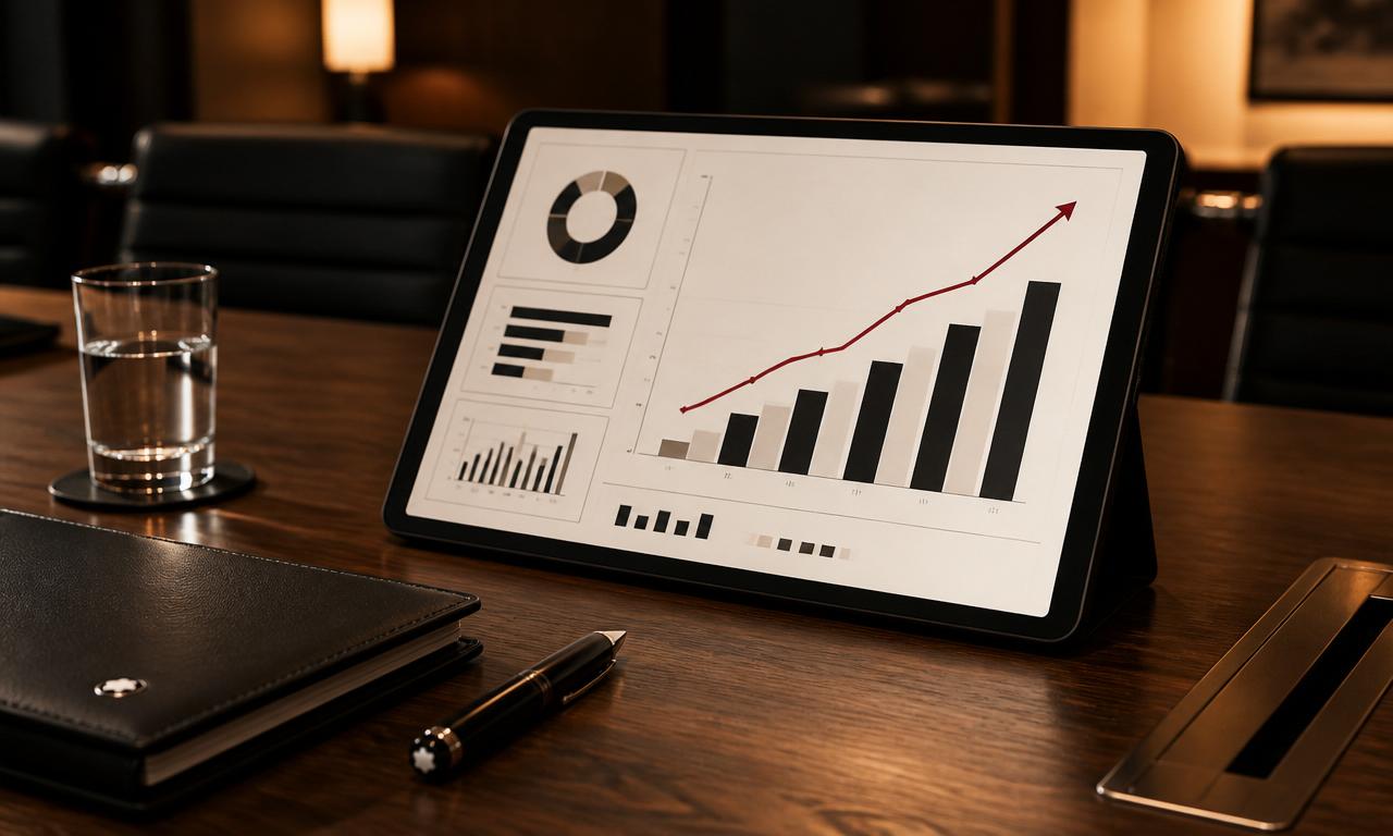 Tabletă executive cu dashboard de KPI pe masă de boardroom — monitorizare performanță CRM pentru board