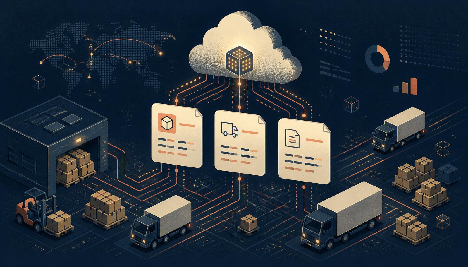 Ilustrație editorială: flux de documente EDI între depozit, camioane și un nod cloud, pentru furnizorii de retail